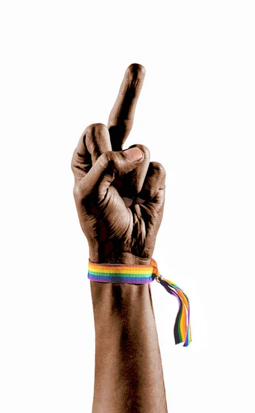 Mano Negra Con Brazalete Con Los Colores Bandera Lgbt Mostrando —  Fotos de Stock