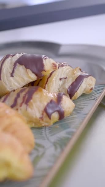 Chocolate Bakery Products Called Mini Napolitana Croissants Metal Tray Coffee — Stockvideo
