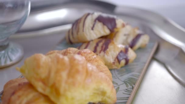 Chocolate Bakery Products Called Mini Napolitana Croissants Metal Tray Coffee — Stock Video