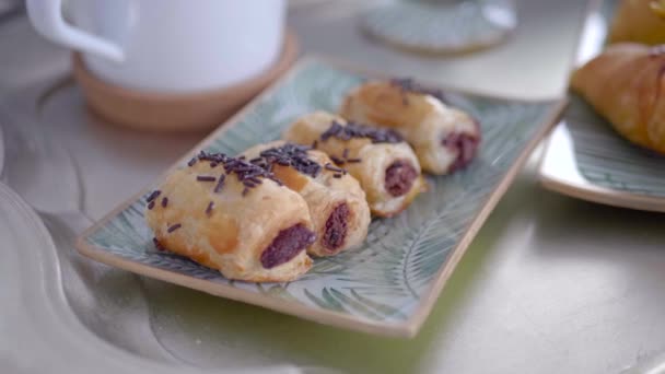 Chocolate Bakery Products Called Mini Napolitana Croissants Metal Tray Coffee — Stock videók