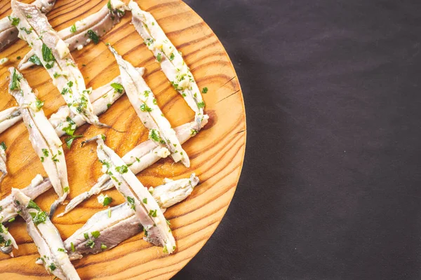 Pickled Anchovies Garlic Parsley Wooden Plate Dark Table Typical Spanish — 图库照片