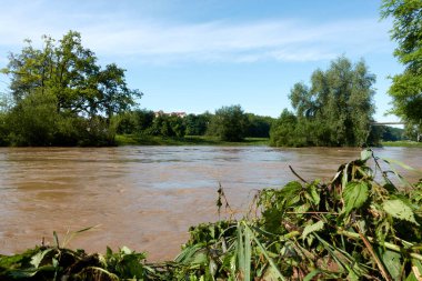 Şiddetli yağıştan sonra kahverengi nehir suyu. Yeşil bitkiler ve mavi gökyüzü.