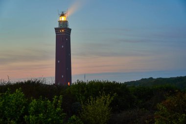 Güney Hollanda 'da alacakaranlıkta deniz feneri. Beyaz şapkalı ve sinyalli kırmızı bina. Yeşil çalıları olan manzara. Mavi Saat. Hollanda, Ouddorp.