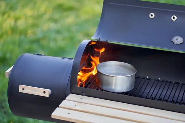 New Smoker Barbecue Grill Opened Smoking Chamber Pot Blazing Flames — 스톡 사진