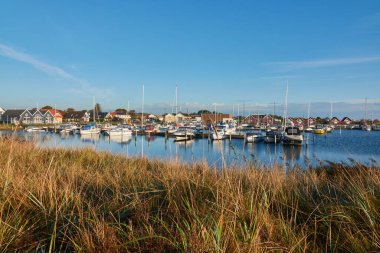 Hou yat limanının manzarasında, yelkenli tekneler iskeleye bağlı ve arka planda birçok yazlık ev görebilirsiniz. Hou, Danimarka.