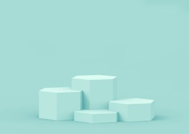 3D mavi altıgen kürsüsü stüdyo arka planı. Soyut 3d geometrik şekil çizimi. Teknoloji tıbbi ve bilimsel ürünler için görüntüleme.