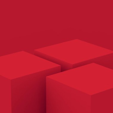 3D kırmızı küp ve küçük podyum sahne stüdyosu arka planı. Soyut 3d geometrik şekil çizimi. Çin Yeni Yıl Tatili ve Mutlu Noeller ürünleri için ekran.