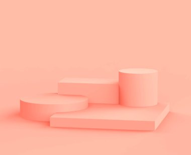 Soyut 3D pembe şeftali platformu minimum stüdyo arka planı. 3 boyutlu geometrik şekil çizimi. Kozmetik ve güzellik ürünleri için görünüm.