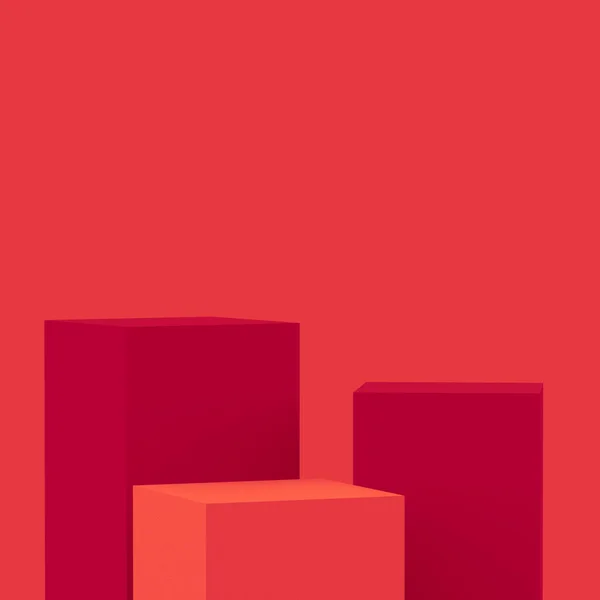 3D赤い立方体の正方形の表彰台最小限のスタジオの背景 概要3D形状オブジェクトイラストレンダリング 中国の旧正月の休日と陽気なクリスマスの製品の表示 — ストック写真