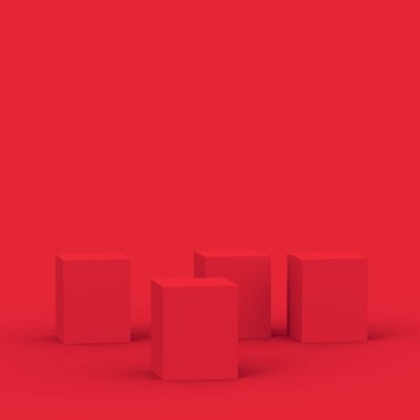 3D kırmızı küp ve küçük podyum sahne stüdyosu arka planı. Soyut 3d geometrik şekil çizimi. Çin Yeni Yıl Tatili ve Mutlu Noeller ürünleri için ekran.
