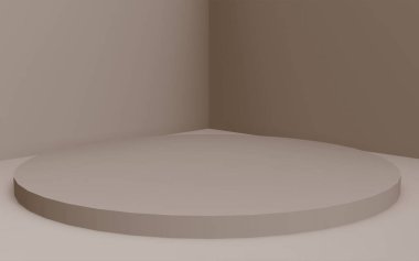 3D kahverengi krem silindir podyum stüdyo arka planı. Soyut 3d geometrik şekil çizimi. Kozmetik parfüm ürünleri için görünüm.