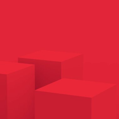 3D kırmızı küp ve küçük podyum sahne stüdyosu arka planı. Soyut 3d geometrik şekil çizimi. Çin Yeni Yıl Tatili ve Mutlu Noeller ürünleri için ekran.