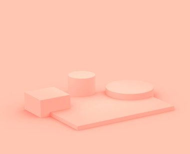 Soyut 3D pembe şeftali platformu minimum stüdyo arka planı. 3 boyutlu geometrik şekil çizimi. Kozmetik ve güzellik ürünleri için görünüm.