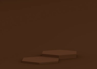 3D kahverengi altıgen podyum stüdyo arka planı. Soyut 3d geometrik şekil çizimi. Kozmetik güzellik ve moda ürünleri için görüntü. Yiyecek ve içecek.. 