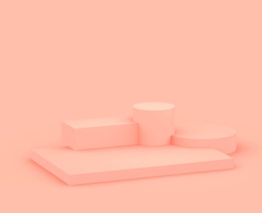 Soyut 3D pembe şeftali platformu minimum stüdyo arka planı. 3 boyutlu geometrik şekil çizimi. Kozmetik ve güzellik ürünleri için görünüm.