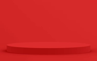 3d kırmızı silindir podyum minimum stüdyo arkaplanı. Soyut 3d geometrik şekil çizimi. Yaz tatili ürünleri için görüntü.