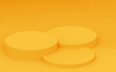 3D sarı silindir podyum minimum stüdyo arkaplanı. Soyut 3d geometrik şekil çizimi. Yaz tatili ürünleri için görüntü.