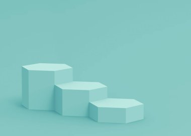 3D mavi altıgen kürsüsü stüdyo arka planı. Soyut 3d geometrik şekil çizimi. Teknoloji tıbbi ve bilimsel ürünler için görüntüleme.