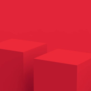 3D kırmızı küp ve küçük podyum sahne stüdyosu arka planı. Soyut 3d geometrik şekil çizimi. Çin Yeni Yıl Tatili ve Mutlu Noeller ürünleri için ekran.