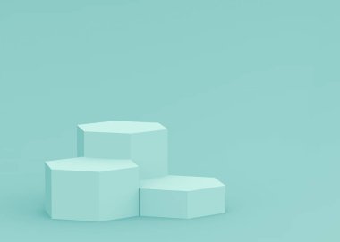 3D mavi altıgen kürsüsü stüdyo arka planı. Soyut 3d geometrik şekil çizimi. Teknoloji tıbbi ve bilimsel ürünler için görüntüleme.