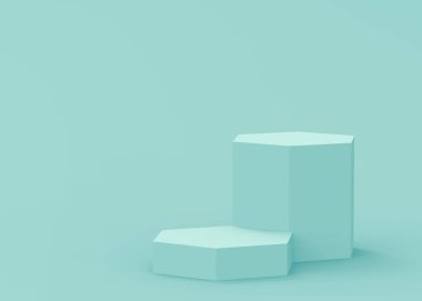 3D mavi altıgen kürsüsü stüdyo arka planı. Soyut 3d geometrik şekil çizimi. Teknoloji tıbbi ve bilimsel ürünler için görüntüleme.