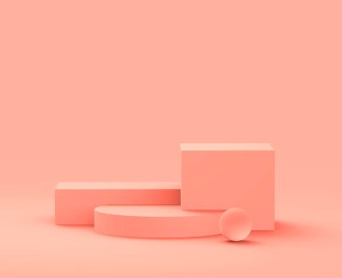 Soyut 3D pembe şeftali platformu minimum stüdyo arka planı. 3 boyutlu geometrik şekil çizimi. Kozmetik ve güzellik ürünleri için görünüm.