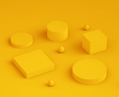 3D sarı podyum, minimum stüdyo arka planı. Soyut 3d geometrik şekil çizimi. Yaz tatili ürünü için görüntü.