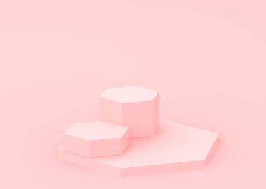 Soyut 3d pembe altıgen podyum minimum stüdyo arkaplanı. 3 boyutlu geometrik şekil çizimi. Kozmetik moda ve sevgililer günü ürünü. 