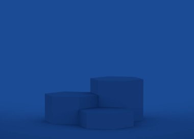 Soyut 3D mavi altıgen podyum minimum stüdyo arkaplanı. 3d geometrik şekil nesne çizimi. Çevrimiçi iş ve teknoloji ürünü için görüntü.