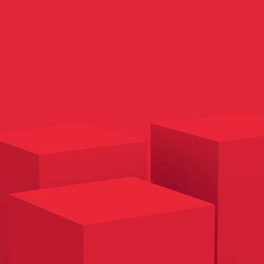 3D kırmızı küp ve küçük podyum sahne stüdyosu arka planı. Soyut 3d geometrik şekil çizimi. Çin Yeni Yıl Tatili ve Mutlu Noeller ürünleri için ekran.