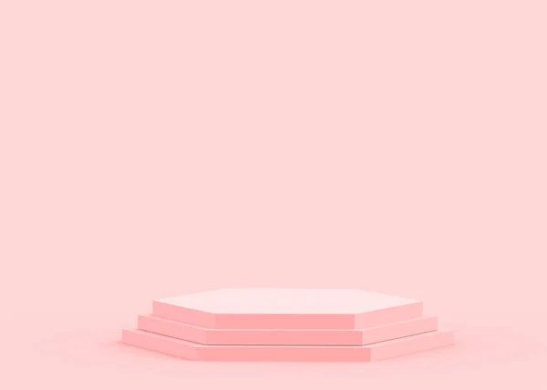 三维粉红六边形讲台最小工作室背景 3D几何形状物体图解绘制 化妆品时尚和情人节产品的展示 — 图库照片