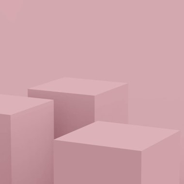 3 boyutlu mor küp ve küçük podyum sahne arka planı. Soyut 3d geometrik şekil çizimi. Doğal renk tonları.