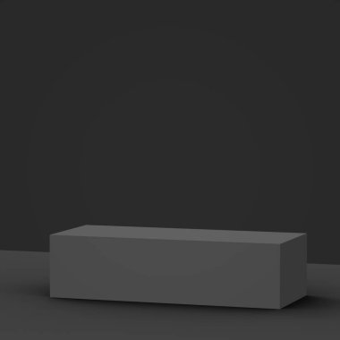 3D siyah gri küp ve küçük podyum stüdyo arka planı. Soyut 3d geometrik şekil çizimi. Çevrimiçi iş ürünü için göster.