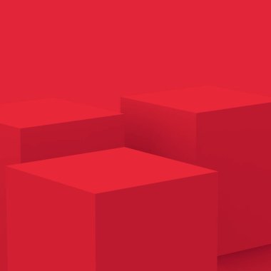 3D kırmızı küp ve küçük podyum sahne stüdyosu arka planı. Soyut 3d geometrik şekil çizimi. Çin Yeni Yıl Tatili ve Mutlu Noeller ürünleri için ekran.