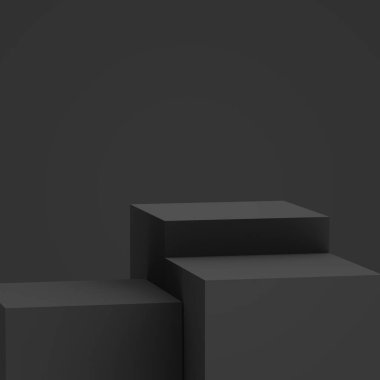 3D siyah gri küp ve küçük podyum stüdyo arka planı. Soyut 3d geometrik şekil çizimi. Çevrimiçi iş ürünü için göster.
