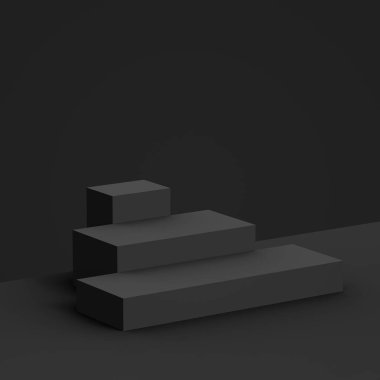 3D siyah gri küp ve küçük podyum stüdyo arka planı. Soyut 3d geometrik şekil çizimi. Çevrimiçi iş ürünü için göster.