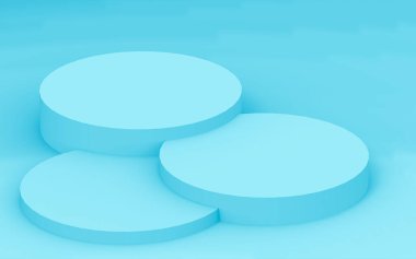 3D mavi silindir podyum minimum stüdyo arkaplanı. Soyut 3d geometrik şekil çizimi. İlaç ürünü için görünüm