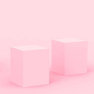 Soyut 3D pembe küp ve küçük podyum stüdyo arka planı. 3 boyutlu geometrik şekil çizimi. Kozmetik moda ve sevgililer günü ürünü. 