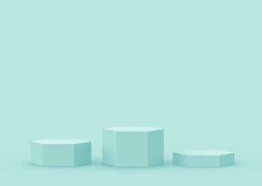 3D mavi altıgen kürsüsü stüdyo arka planı. Soyut 3d geometrik şekil çizimi. Teknoloji tıbbi ve bilimsel ürünler için görüntüleme.