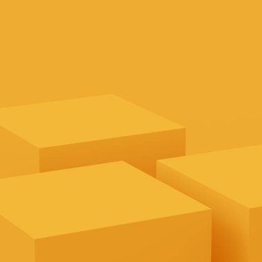 3D sarı podyum sahnesi stüdyo arkaplanı çok az. Soyut 3d geometrik şekil çizimi. Yaz tatili ürünleri için görüntü.