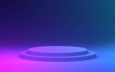 3d mor neon ışıklı silindir podyum minimal stüdyo gradyan koyu renk arka plan. Soyut 3d geometrik şekil çizimi. Gece kulübü partisi ve teknoloji ürünü.