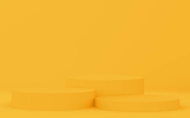 3D sarı silindir podyum minimum stüdyo arkaplanı. Soyut 3d geometrik şekil çizimi. Yaz tatili ürünleri için görüntü.