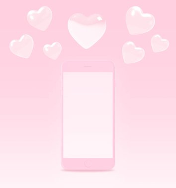 Akıllı telefon ve kalpler pembe renk modeli pembe arka planda tek başına yüzüyor. 3d nesne çizimi. Kırpma yolu ile. Nesne.