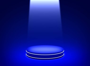 3D mavi spot ışığı neon silindir podyum minimal stüdyo koyu arka plan. Soyut 3d geometrik şekil çizimi. Teknolojik elektronik ürün için görüntüleme.