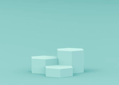 3D mavi altıgen kürsüsü stüdyo arka planı. Soyut 3d geometrik şekil çizimi. Teknoloji tıbbi ve bilimsel ürünler için görüntüleme.