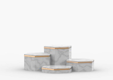 3d beyaz gri altıgen mermer ve altın podyum minimum stüdyo arka planı. Soyut 3d geometrik şekilli lüks nesne çizimi. Kozmetik ve güzellik ürünleri için görünüm.