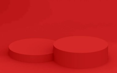 3d kırmızı silindir podyum minimum stüdyo arkaplanı. Soyut 3d geometrik şekil çizimi. Yaz tatili ürünleri için görüntü.