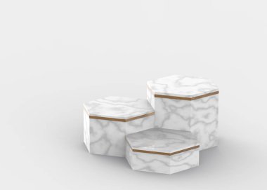 3d beyaz gri altıgen mermer ve altın podyum minimum stüdyo arka planı. Soyut 3d geometrik şekilli lüks nesne çizimi. Kozmetik ve güzellik ürünleri için görünüm.