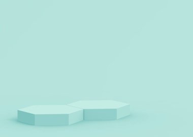 3D mavi altıgen kürsüsü stüdyo arka planı. Soyut 3d geometrik şekil çizimi. Teknoloji tıbbi ve bilimsel ürünler için görüntüleme.