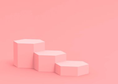 Soyut 3d pembe altıgen podyum minimum stüdyo arkaplanı. 3 boyutlu geometrik şekil çizimi. Kozmetik moda ve sevgililer günü ürünü. 